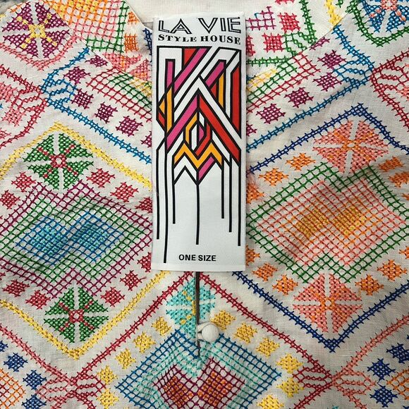 La Vie Style House Embroidered Multicolor Geometric Linen Blend Caftan One Size - Picture 3 of 5